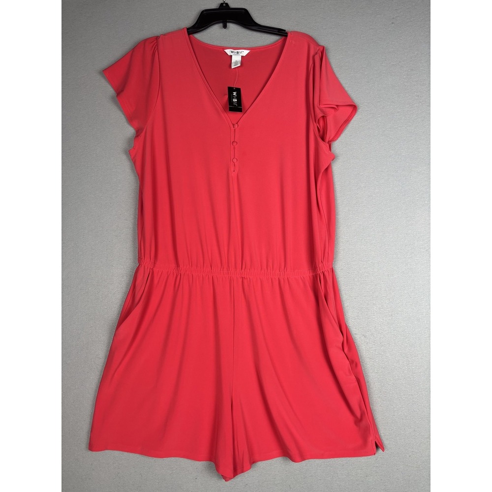 WHBM Romper Womens XL Pink Paradise Henley Short Sleeve Elastic Waist 570346945